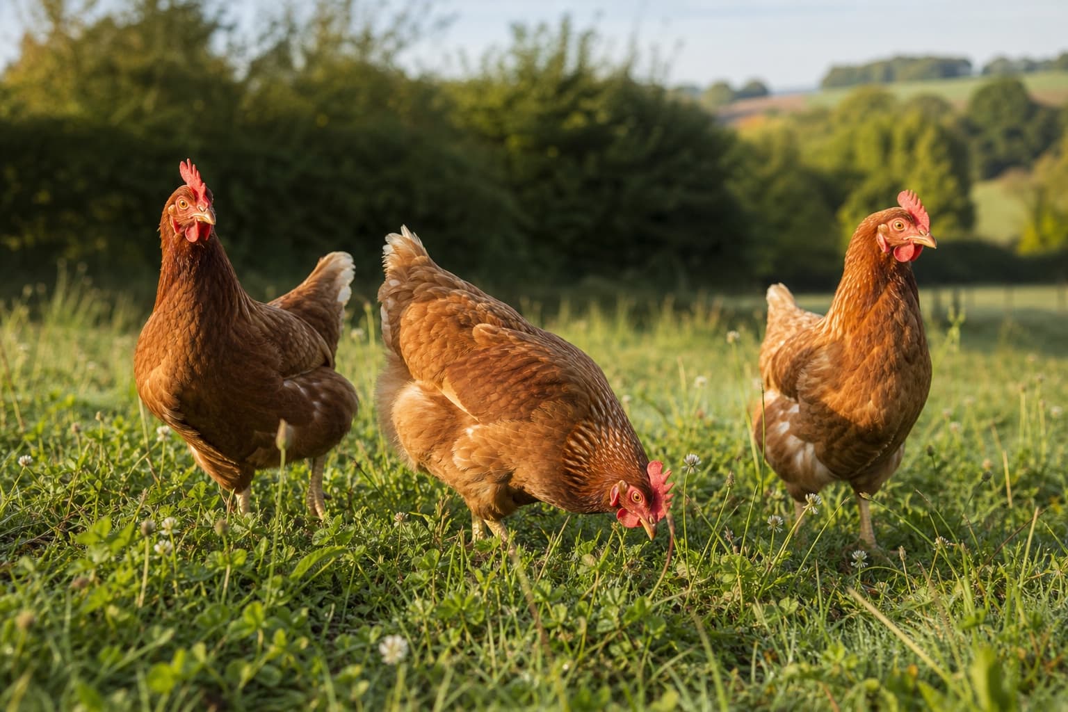 Healthy brown chickens foraging together in green pasture