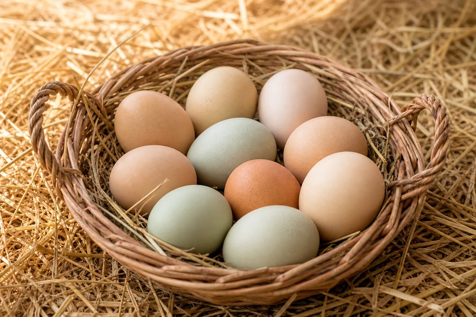 A basket of naturally colored fresh farm eggs