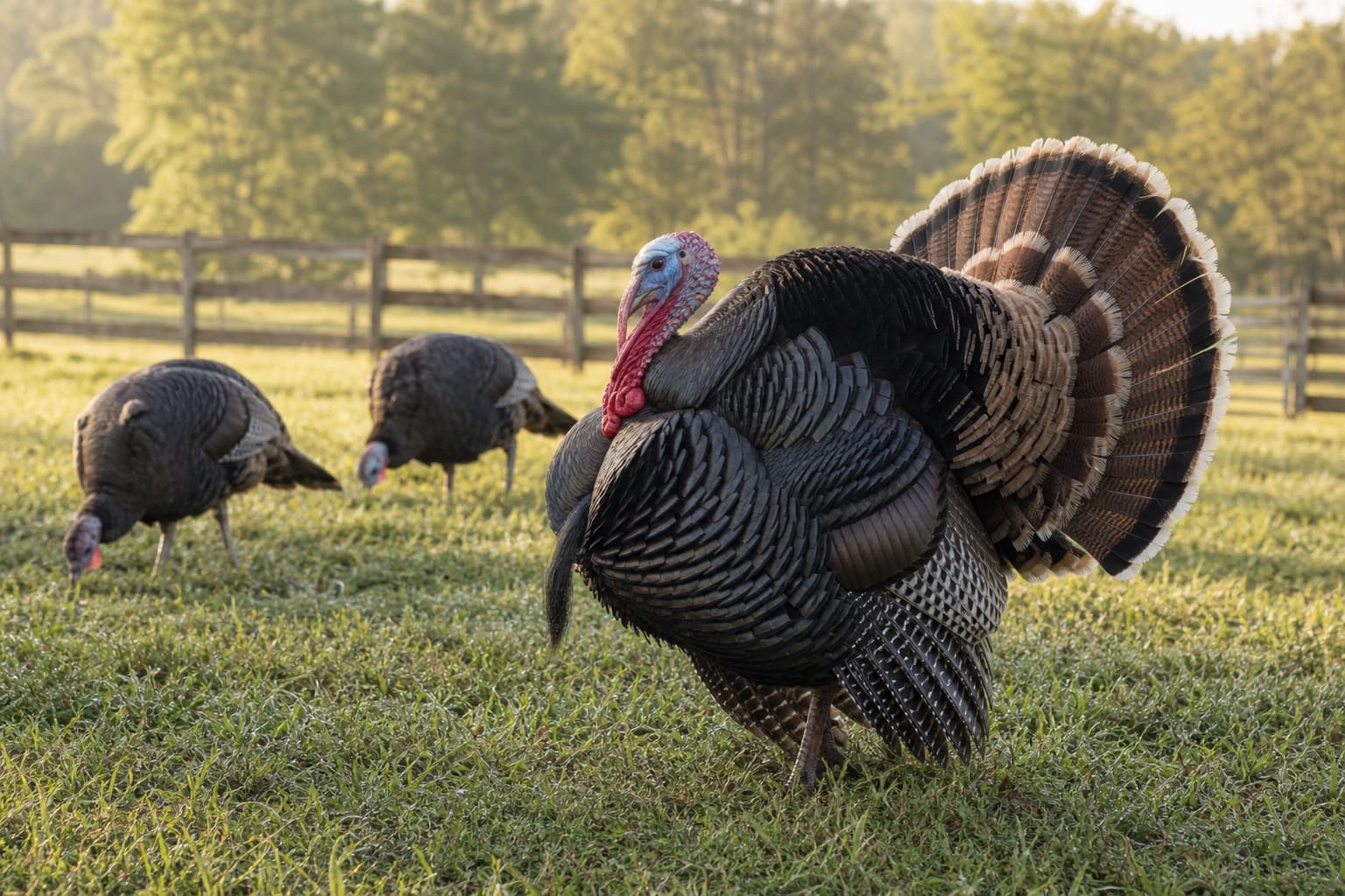 Heritage turkeys moving through a sunny green pasture