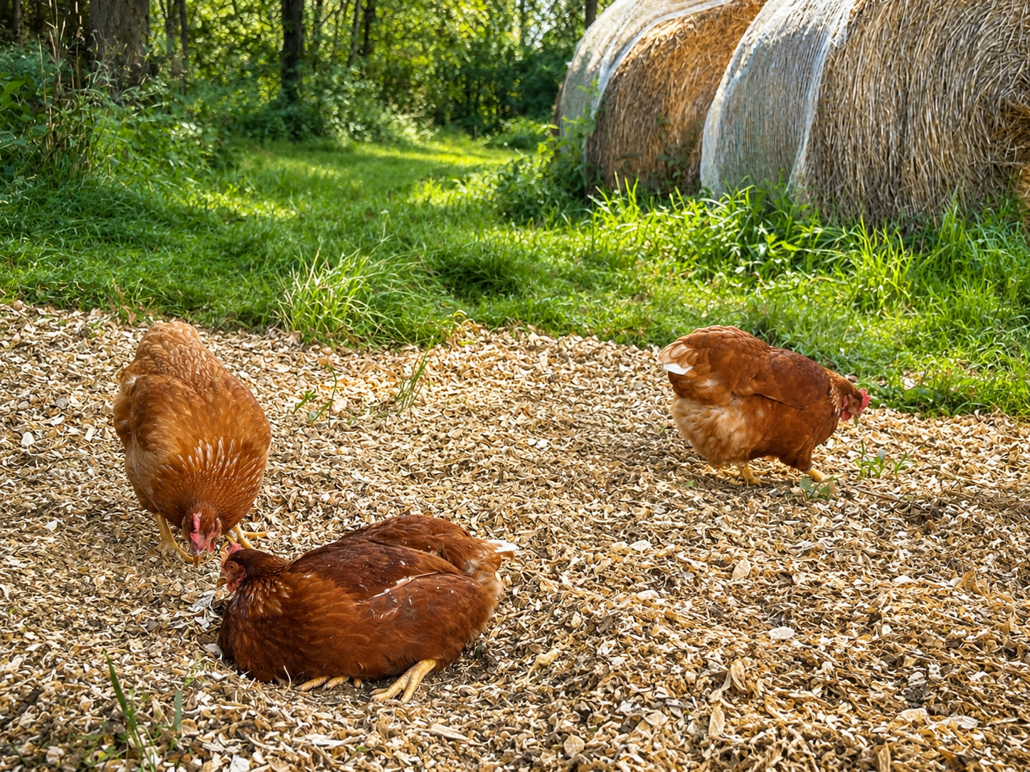 Hens foraging beneath trees beside mobile pasture shelters