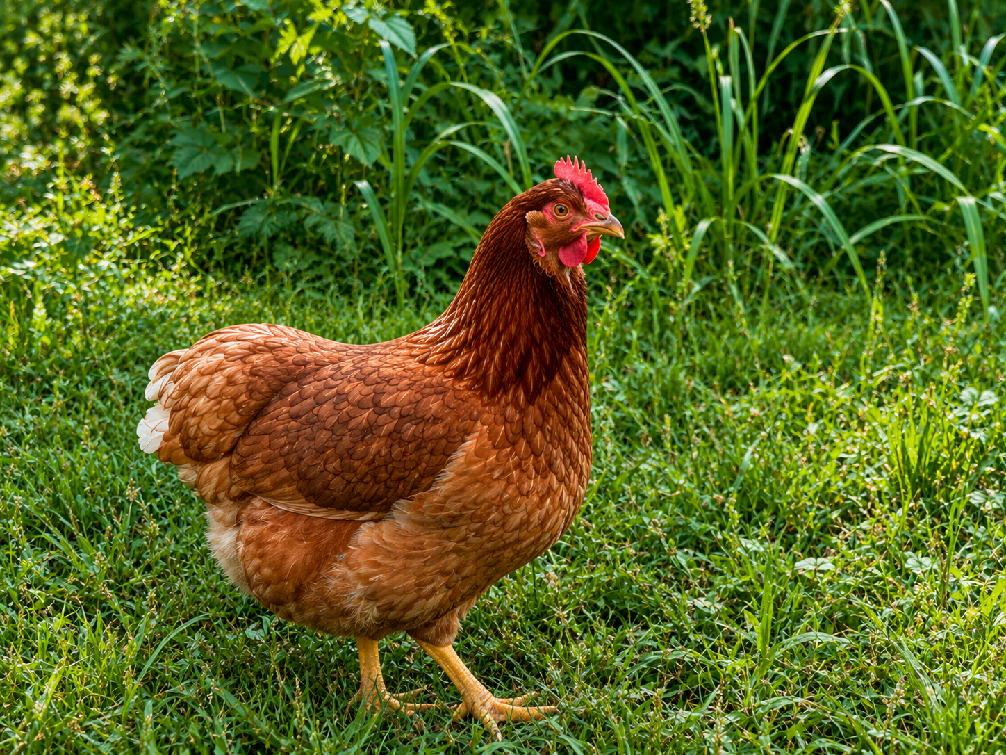 A healthy brown hen standing in green grass on the farm